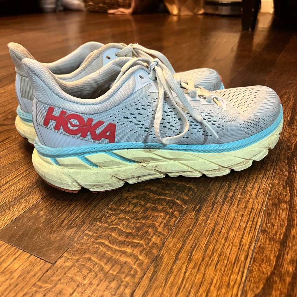 Hoka One Clifton 7 Morning Mist Hot Coral Athletic Shoes with Cushioned Midsole